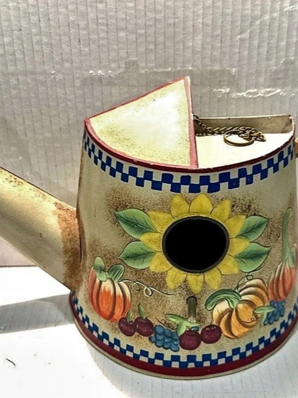 Vintage Metal Fall Autumn Floral Decorative Watering Can Bird House 9x15